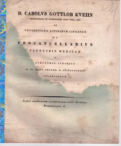 Kühn, Carl Gottlob: Index medicorum oculariorum inter Graecos Romanosque 10, Promotionsankündigung von Moritz Neumann aus Börln. 