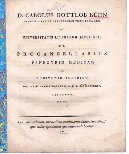 Kühn, Carl Gottlob: Lexicon medicum, propediem proditurum, indicatur, aliisque specimina quaedam exhibentur 2. Promotionsankündigung von Johann Friedrich Seyffert aus Dresden. 