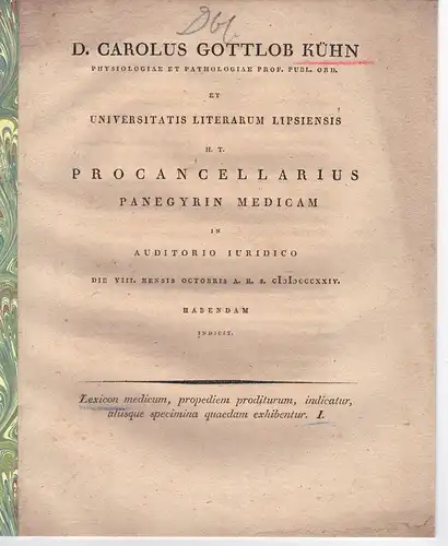 Kühn, Karl Gottlob: Lexicon medicum, propediem proditurum, indicatur, aliisque specimina quaedam exhibentur 1. Promotionsankündigung von Friedrich Herrmann Arnold Bischoff aus Helmstedt. 