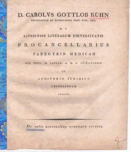 Kühn, Carl Gottlob: De salis acetosellae venenata virtute. Promotionsankündigung von Heinrich Adolph Ferdinand Stroefer aus Knauthain. 