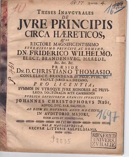 Rube, Johann Christoph: aus Saalfeld: Juristische Thesen. De iure principis circa haereticos. 