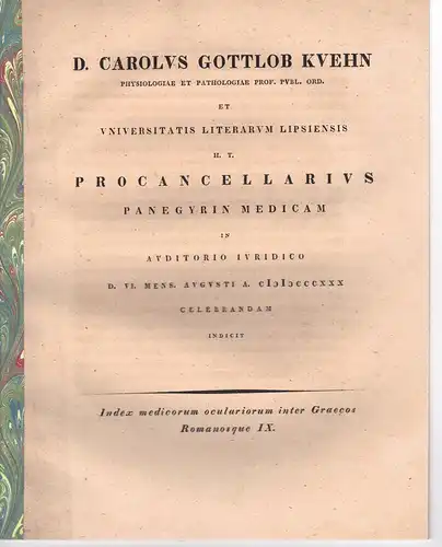 Kühn, Carl Gottlob: Index medicorum oculariorum inter Graecos Romanosque 9 Promotionsankündigung von Gustav Heinrich Vogel aus Schlettau. 