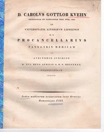 Kühn, Carl Gottlob: Index medicorum oculariorum inter Graecos Romanosque 8. Promotionsankündigung von Emil Bech aus Pirna. 