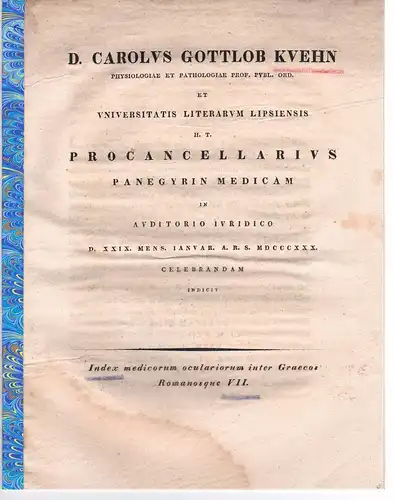 Kühn, Carl Gottlob: Index medicorum oculariorum inter Graecos Romanosque 7 Promotionsankündigung von Karl Heinrich Traugott Schumann aus Lorenzkirch. 