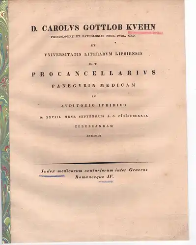 Kühn, Carl Gottlob: Index medicorum oculariorum inter Graecos Romanosque 4. Promotionsankündigung von Friedrich Theophil Elster aus Lischna. 