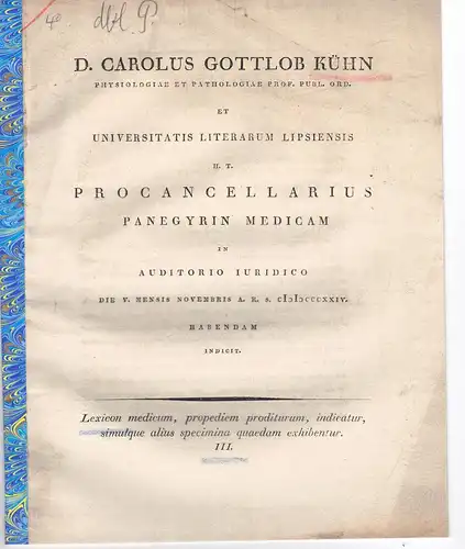 Kühn, Carl Gottlob: Lexicon medicum, propediem proditurum, indicatur, aliisque specimina quaedam exhibentur 3. Promotionsankündigung von Karl Gottfried Kuntzsch aus Radeberg. 