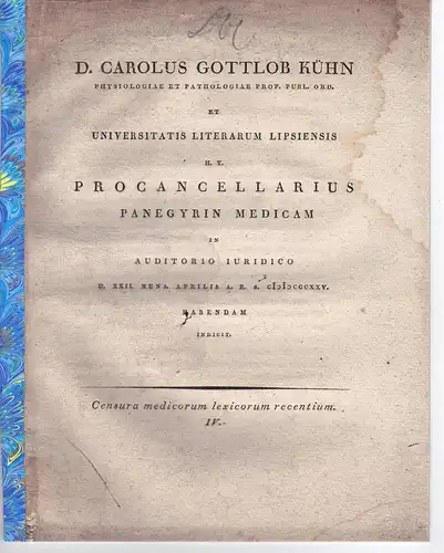 Kühn, Carl Gottlob: Censura lexicorum medicorum recentium 4. Promotionsankündigung von Gustav Friedrich Gruner aus Dresden. 