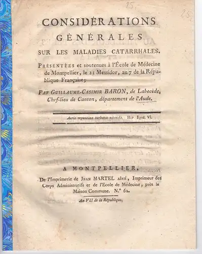 Baron, Guillaume-Casimir: Considérations générales sur les maladies catarrhales. Dissertation. 