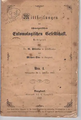 Stierlin, G.; Meyer-Dür (red.): Mittheilungen der Schweizerischen Entomologischen Gesellschaft / Bulletin de la Société Entomologique Suisse no. 1. 