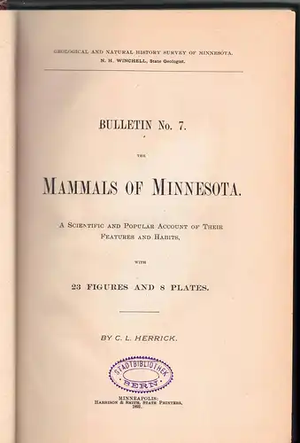 Herrick, Clarence Luther: The mammals of Minnesota : a scientific and popular account of their features and habits. The Geological and Natural History Survey of Minnesota 7. 