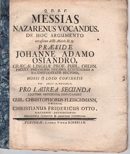 Fleischmann, Wilhelm Christoph; Otto, Christian Fr: Messias Nazarenus vocandus, de hoc argumento occasione dicti Matth. II. 23. 