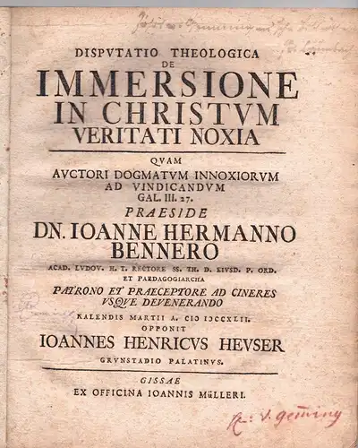Heuser, Johann Heinrich: Theologische Disputation. De Immersione In Christum Veritati Noxia. 