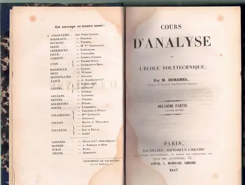 Duhamel, Jean-Marie-Constant: Cours d'analyse de l'école polytechnique, partie I + 2 (complete). Seconde édition. 