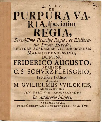 Wilcke, Wilhelm: aus Memel: Philosophische Dissertation. De Purpura Varia, Speciatim Regia. 