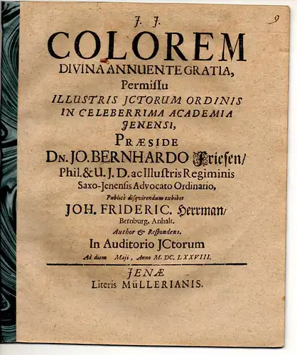 Herrmann, Johannes Friedrich: aus Bernburg: Juristische Disputation. Colorem. 