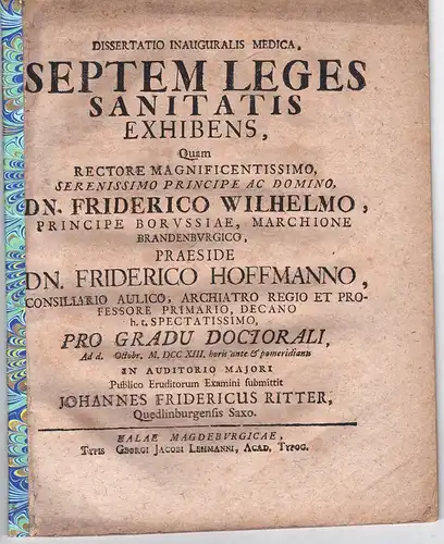 Ritter, Johann Friedrich: aus Quedlinburg: Medzinische Inaugural-Dissertation. Septem leges sanitatis exhibens. 
