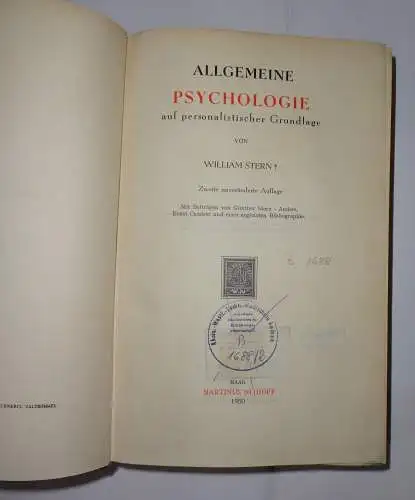 Stern, William: Allgemeine Psychologie auf personalistischer Grundlage. 2., unveränd. Aufl. 