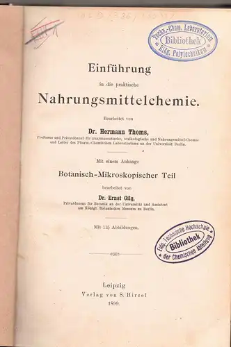Thoms, Hermann Friedrich Maria: Einführung in die praktische Nahrungsmittelchemie. 