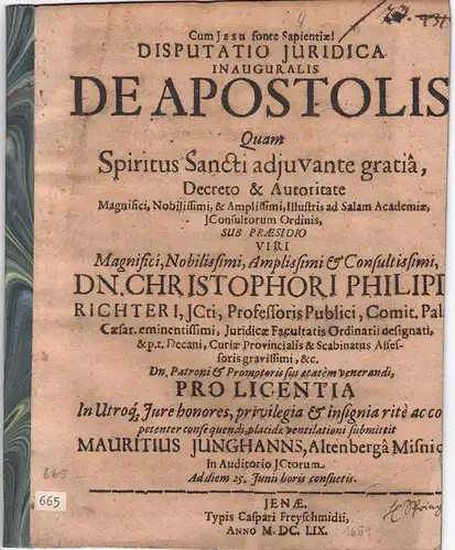 Junghanns, Moritz: aus Altenburg/Meißen: Juristische Disputation. De apostolis. 