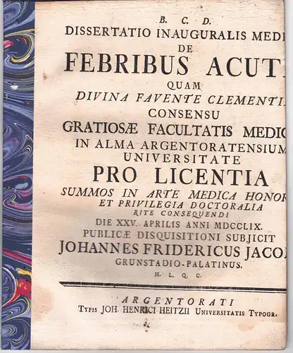 Jacobi, Johann Friedrich: aus Grünstadt: Medizinische Inaugural-Dissertation. De Febribus Acutis (Über akutes Fieber). 