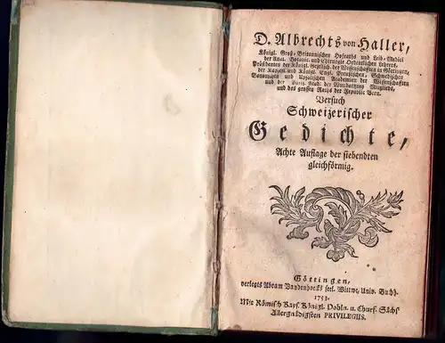 Haller, Albrecht von: Versuch schweizerischer Gedichte. 8. Aufl., der 7. gleichförmig. 