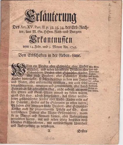 Erläuterung des Art. XV. Part. II. p. 32, 33, 34 des Erb-Rechten, laut M. Gn. HHrn. Räth- und Burgern Erkantnussen vom 14. Febr. und 9. Meyen An. 1743. 