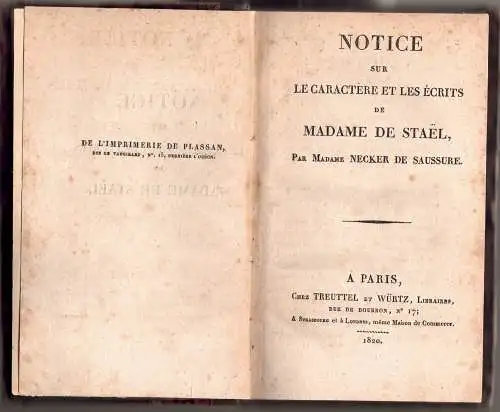 Necker de Saussure, Albertine Adrienne: Notice sur le caractère et les écrits de Madame de Staël. 