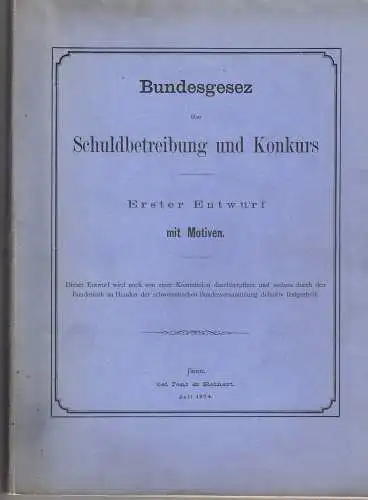 Bundesgesez [Bundesgesetz] über Schuldbetreibung und Konkurs: erster Entwurf mit Motiven. 