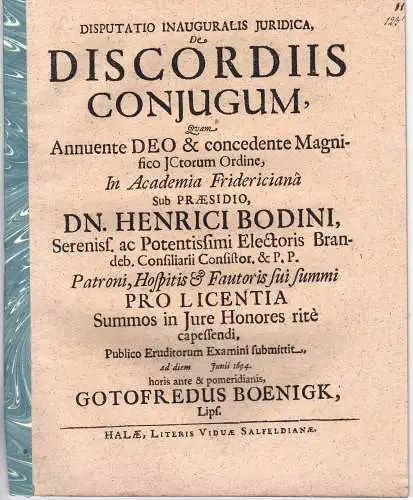 Boenigk, Gottfried: aus Leipzig: Juristische Disputation. De discordiis coniugum. 