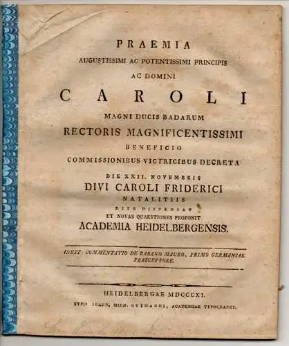 (Schwarz, Friedrich Heinrich Christian): Commentatio De Rabano Mauro, Primo Germaniae Praeceptore. Universitätsprogramm. 