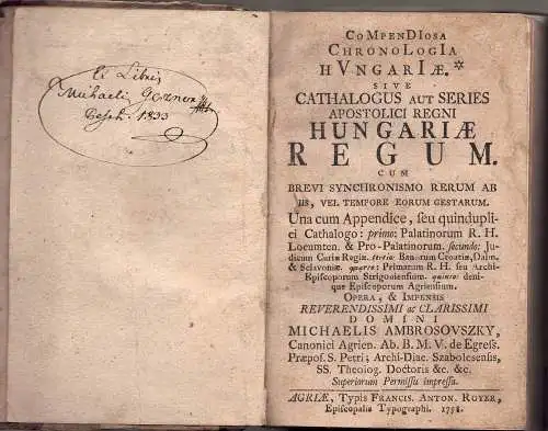 Ambrosovszky Mihály: Compendiosa chronologia Hungariae. Sive cathalogus aut series apostolici regni Hungariae regum. 