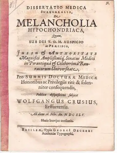 Crusius, Wolfgang: aus Erfurt: Medizinische Inaugural-Dissertation. De Melancholia Hypochondriaca. 
