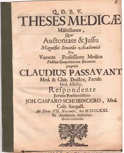 Schobinger, Johann Caspar: aus St. Gallen: Theses Medicae Miscellanae. 