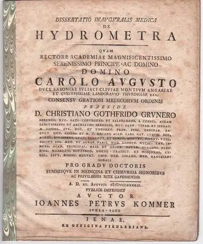 Kommer, Johann Peter: aus Suhl: Medizinische Inaugural-Dissertation. De hydrometra. 