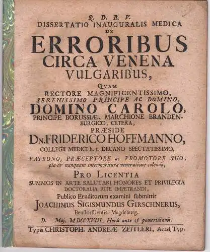 Girschner, Joachim Sigismund: Benstorf/Mageburg: Medizinische Inaugural-Dissertation. De erroribus circa venena vulgaribus. 