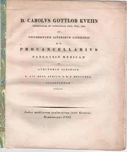 Kühn, Carl Gottlob: Index medicorum oculariorum inter Graecos Romanosque 8. Promotionsankündigung von Emil Bech aus Pirna. 