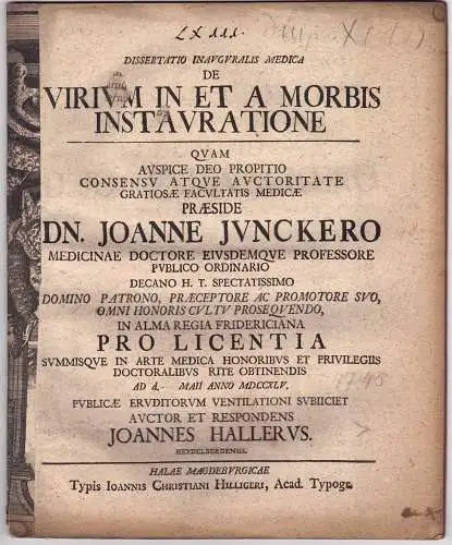 Haller, Johann: aus Heidelberg: Medizinische Inaugural-Dissertation. De virium in et a morbis instauratione. 
