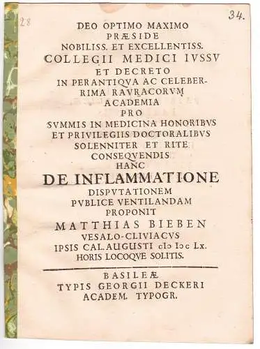 Bieben, Matthias: aus Wesel: Medizinische Disputation. De inflammatione. 
