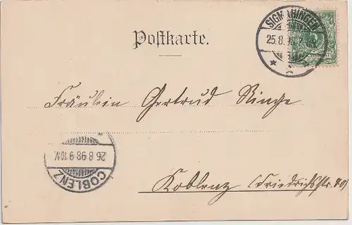 Alte Postkarte  "Gruß aus Sigmaringen"  gelaufen 25. 8. 1898.