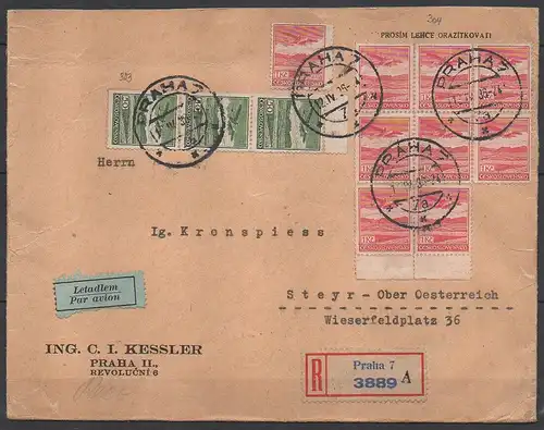 Tschechoslowakei, Luftpost-Einschreiben Brief nach Steyr (Österreich).