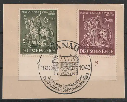 D. Reich, Michel Nr. 860-861 (Goldschmiedekunst) mit Unterrand auf Briefstück.