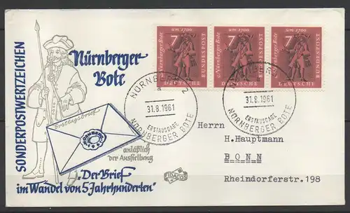BRD, FDC "Nürnberger Bote" ESSt Nürnberg 31.08.1961 auf Mehrfachfrankatur.