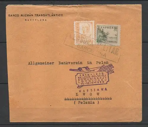 Spanien, Banco Aleman Transatlantico, Zensurbrief nach Lemberg Polen 1939.