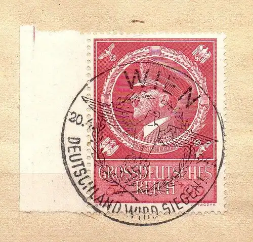 D. R., Michel Nr. 887 linkes Seitenrandstück, Stempel 20.4.1944 auf Briefstück.