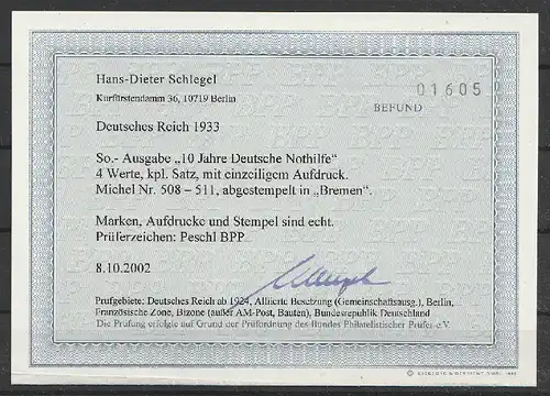 Deutsches Reich, Mi. Nr. 508 - 511 (Deutsche Nothilfe) gestempelt, geprüft BPP.