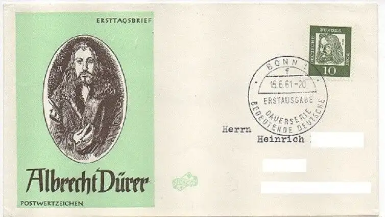 BRD FDC 10 Pf., Bedeutende Deutsche (BRD Mi. Nr. 350 x).