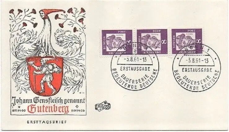BRD FDC 8 Pf., Bedeutende Deutsche (BRD Mi. Nr. 349 x, 3er Streifen).