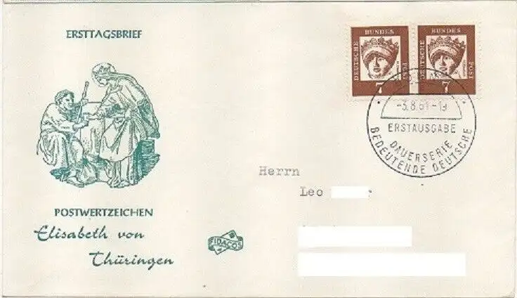BRD FDC 7 Pf. Bedeutende Deutsche (BRD Mi. Nr. 348 x, waagerechtes Paar).