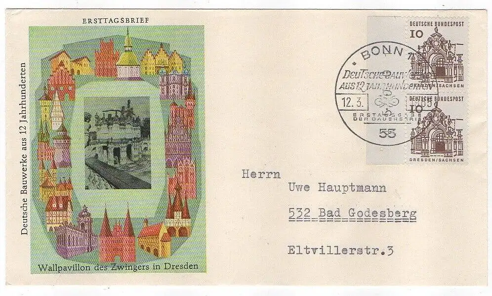 BRD  1965  FDC Mi. Nr.: 454 Zwinger Dresden , Senkrechtes Paar mit Seitenrand.