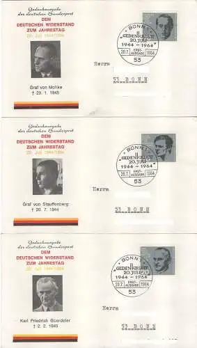 BRD, Michel Nr. 431 bis 438 (Widerstand) Einzelmarken auf FDC Briefe.